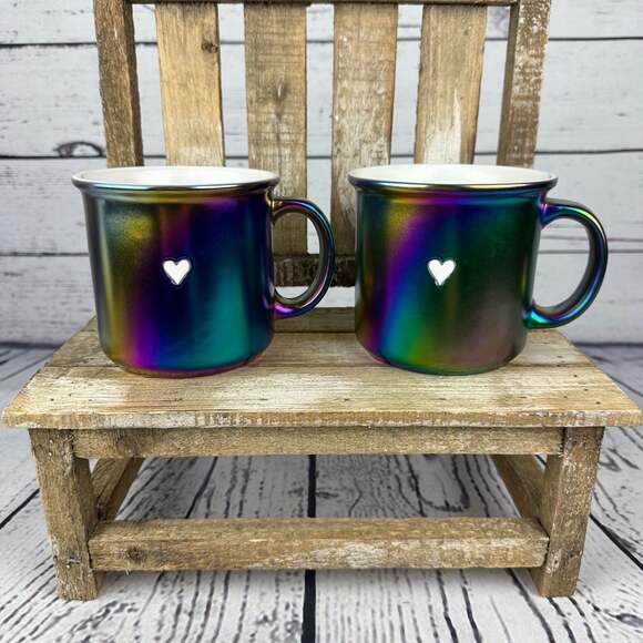 💖 Iridescent Heart Coffee Mugs (Set of 2) – Camp Style Valentine’s Day Gift - Picture 1 of 3